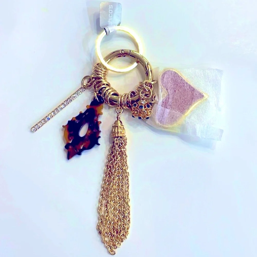 Chico’s Kate Large Enamel Heart Keychain with Charms Love Tassel Bling Gold Red